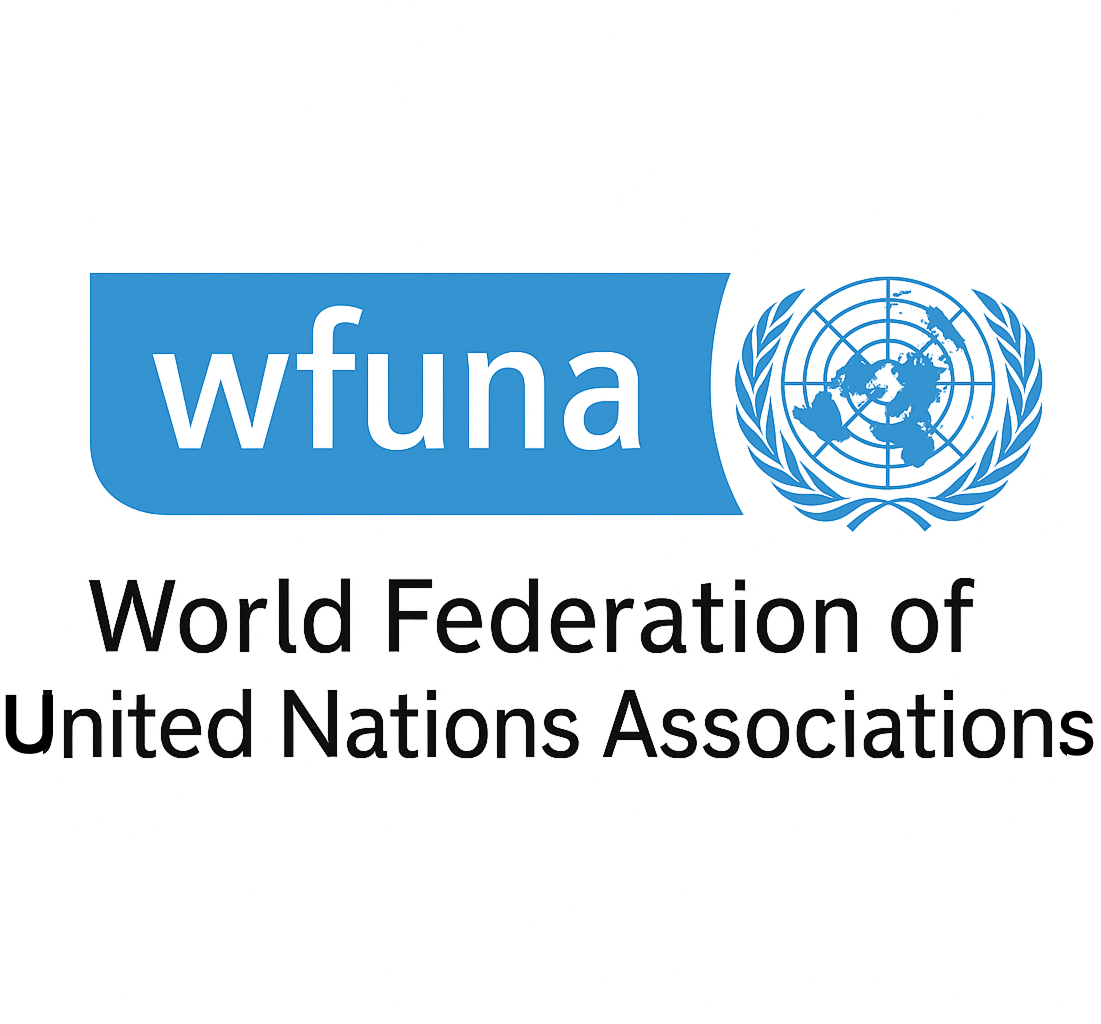 Logotipo de la Federación Mundial de Asociaciones de las Naciones Unidas: cuadro de texto azul con 