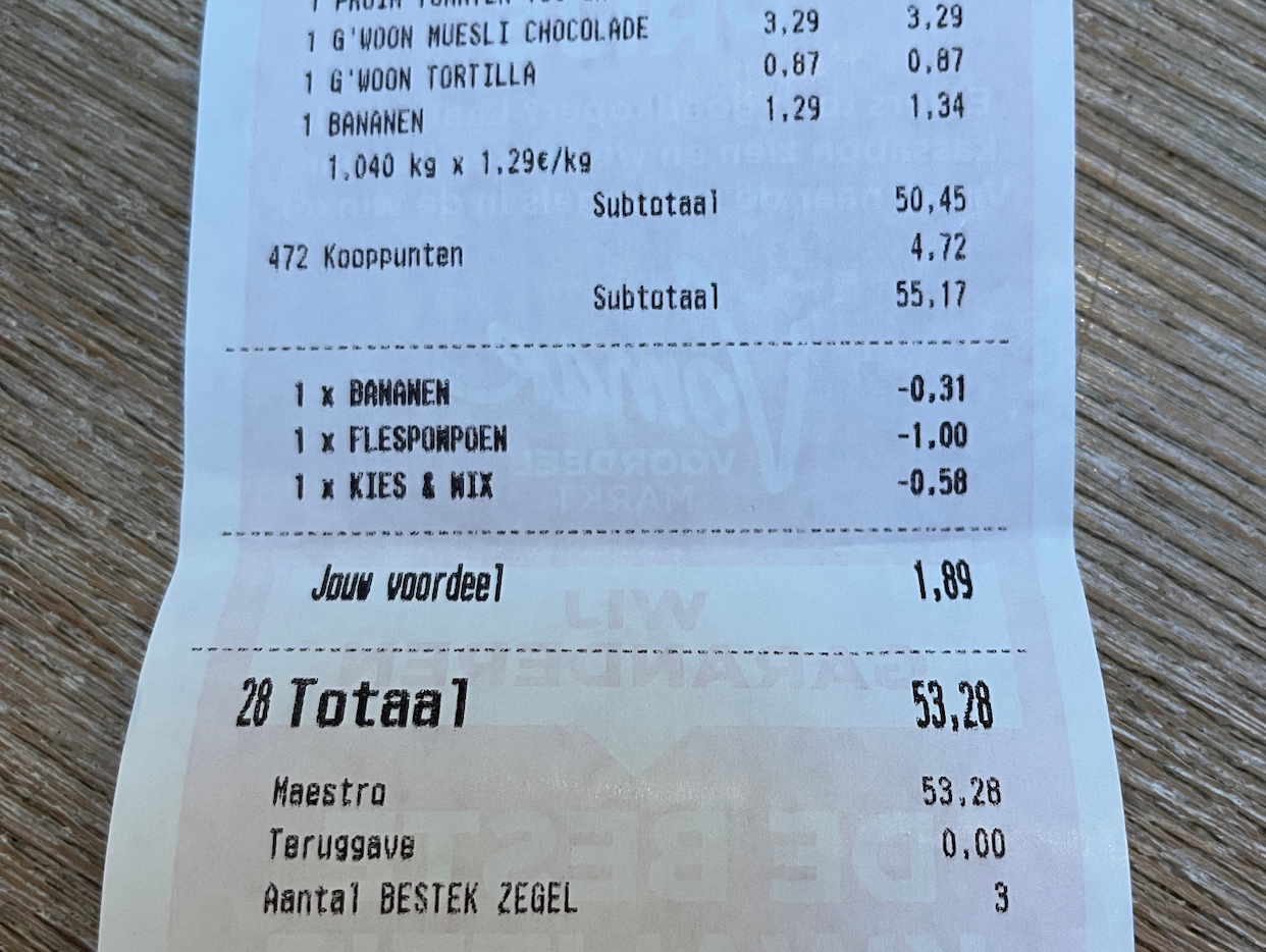 Onze boodschappen: €53,28 bij de Vomar