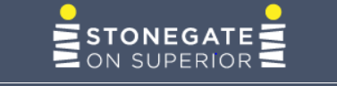 A logo for stonegate on superior on a blue background