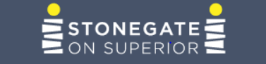 A logo for stonegate on superior on a blue background