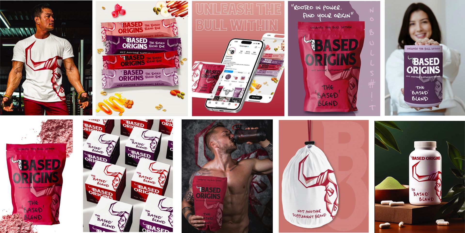 A collage of mockups of Brand Assets for Based Origins, Product packaging, social media feed, t-shirt and gym bag.