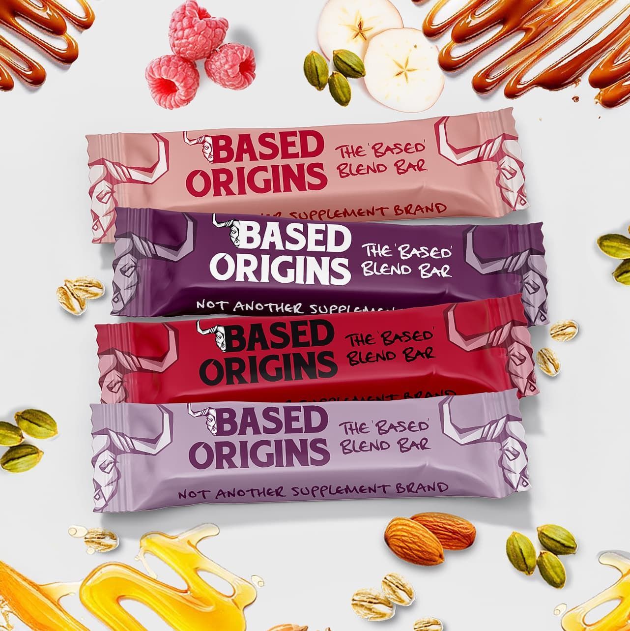 Branded health food bar packaging with custom illustrations.
