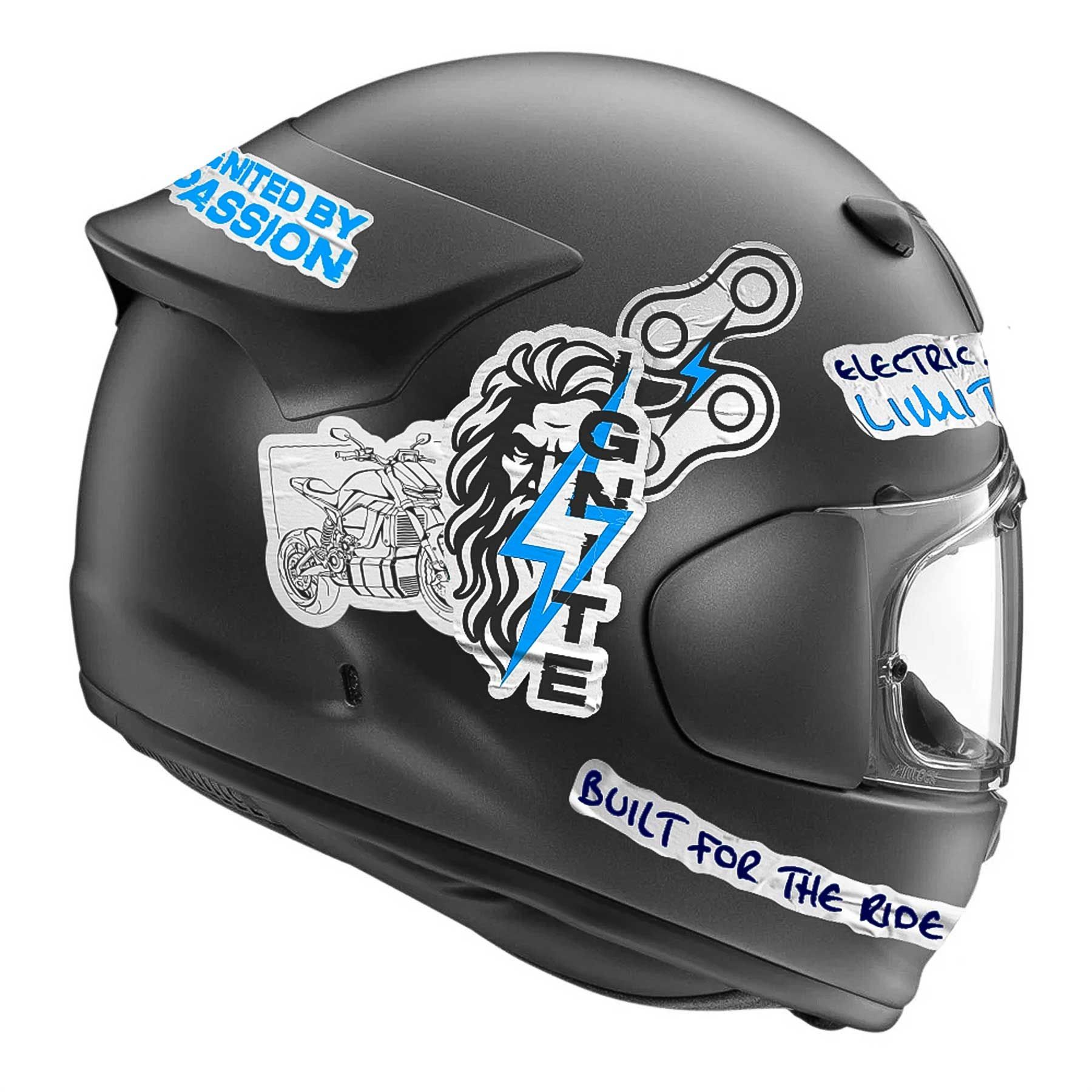 Sticker mockups showcasing IGNITE Powersports branding for helmets, bikes, laptops and gear.