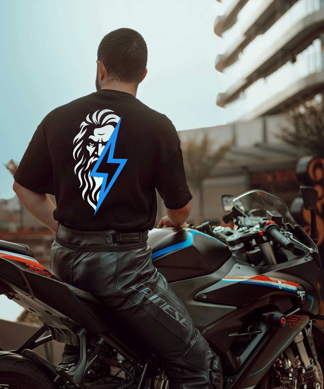 IGNITE Powersports apparel mockups featuring custom motorcycle branding with a man wearing a black tee with the IGNITE logo