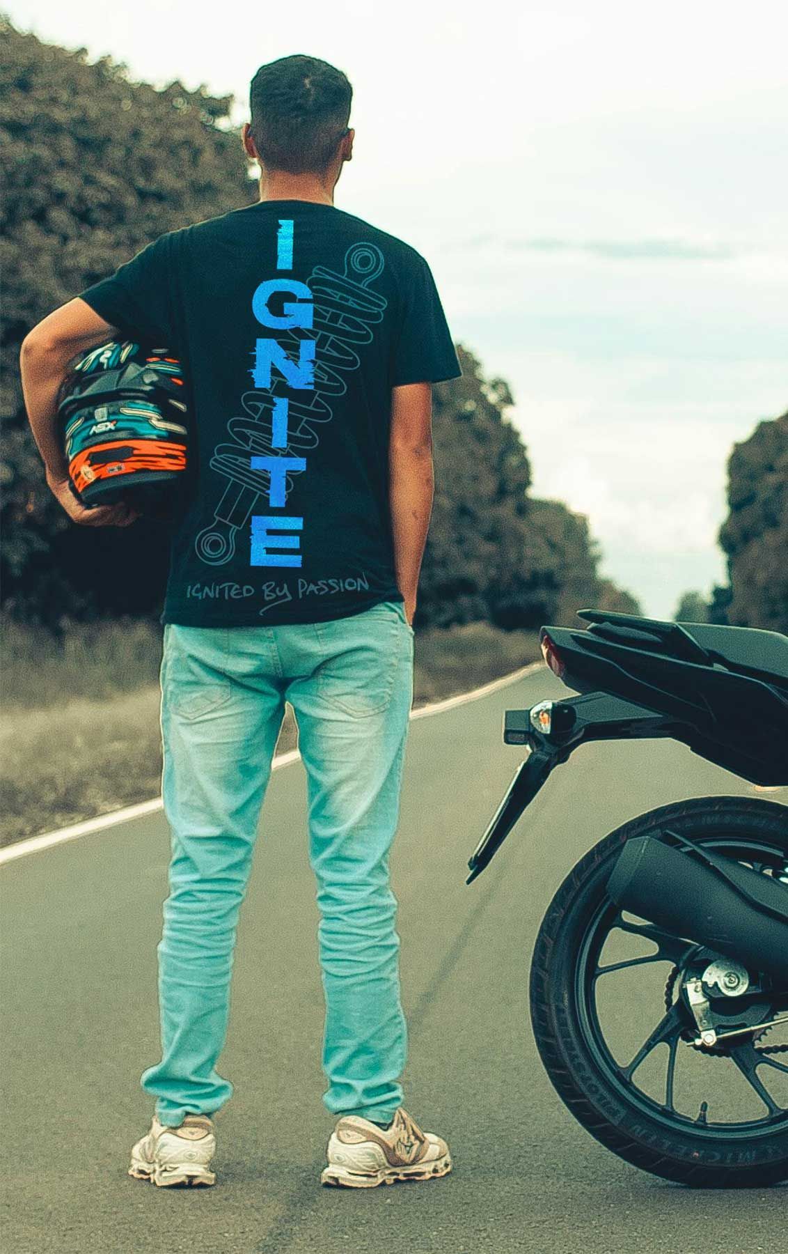 IGNITE Powersports apparel mockups featuring custom motorcycle branding with a man wearing a black tshirt with the IGNITE logo