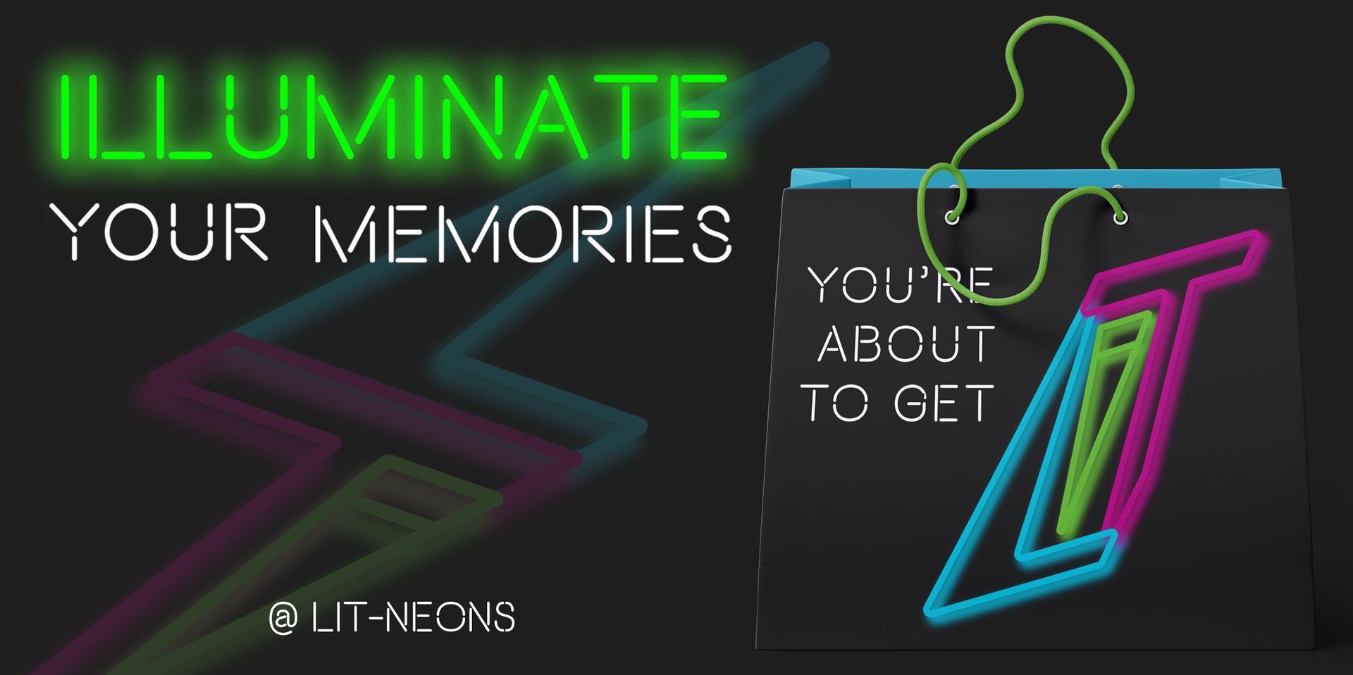 Branded shopping bag design for LIT with neon logo and tagline ‘Illuminate your memories’ in bold typography.