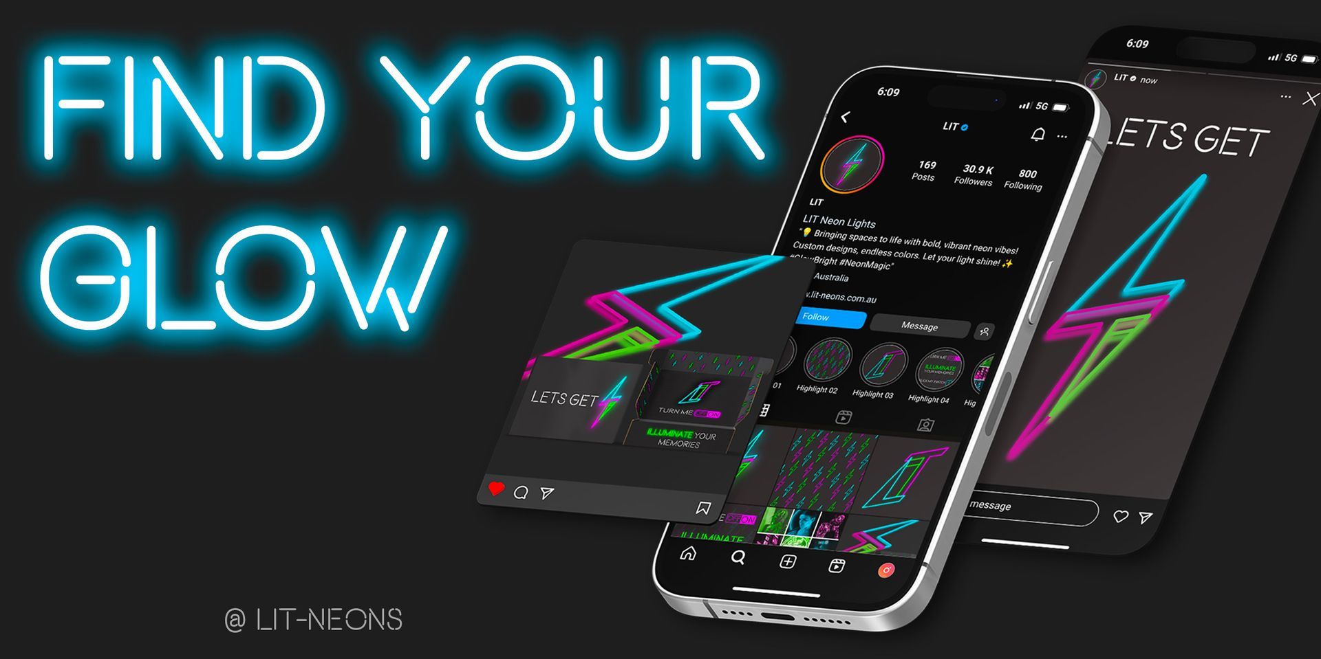 Mobile phone mockup showing LIT brand social media profile and neon-themed Instagram post and reel designs.