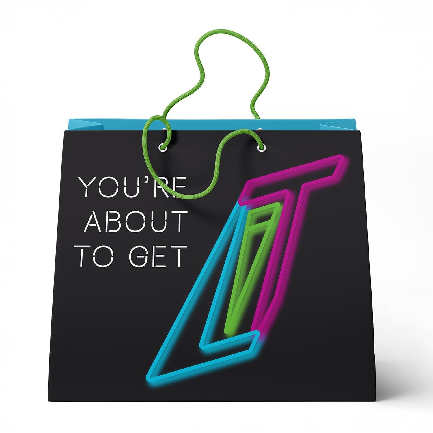 Branded shopping bag design for LIT with neon logo and tagline ‘You’re About To Get Lit’ in bold typography.