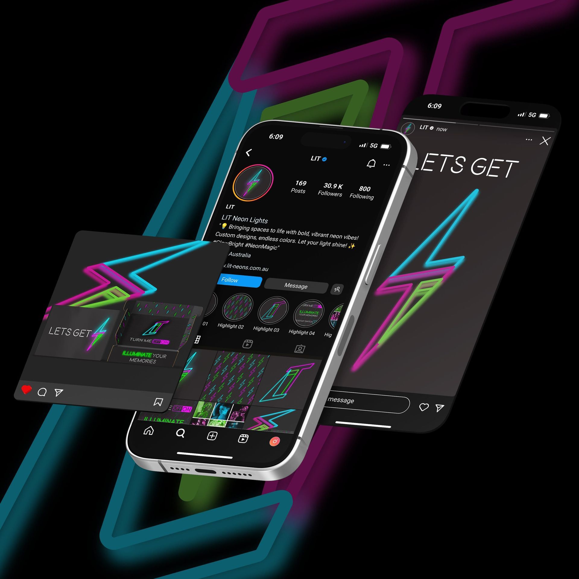 Mobile phone mockup showing LIT brand social media profile and neon-themed Instagram post designs.