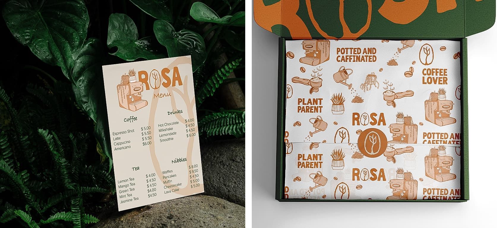 Custom ROSA plant café  tissue paper and thank you card branding.