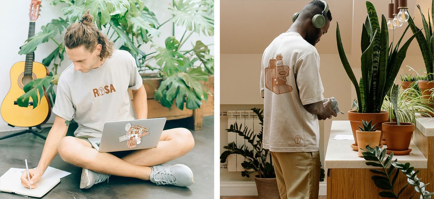 Branded ROSA plant café T-shirt with illustrated design worn by customer.