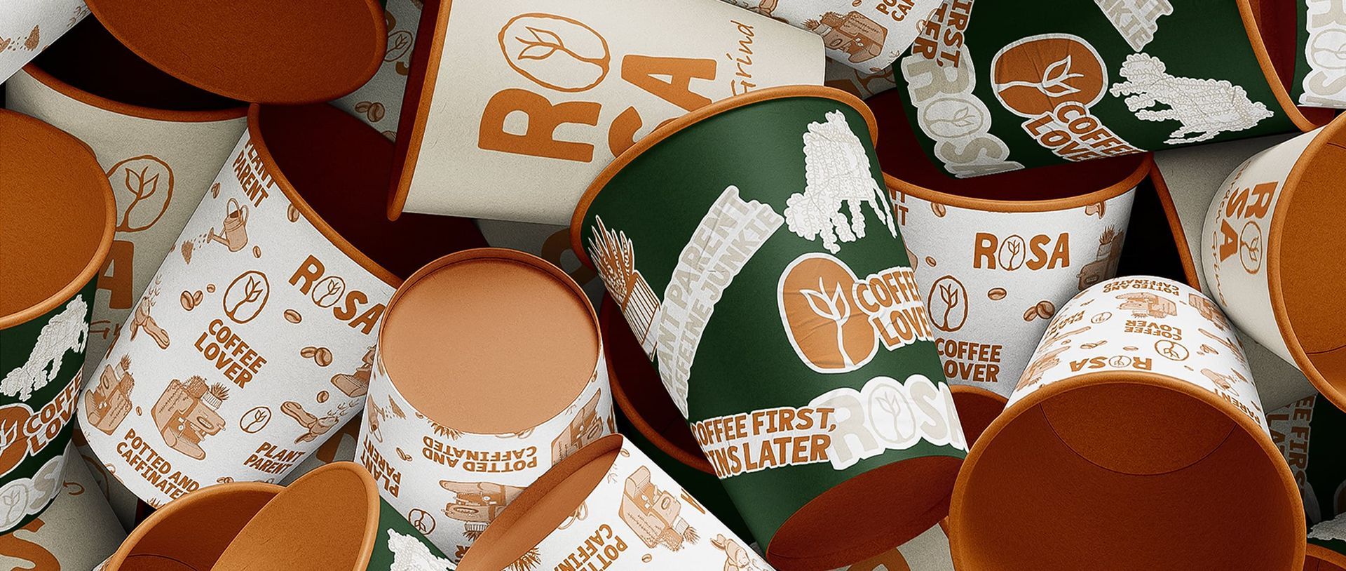 Custom branded coffee cups and packaging with ROSA logo, plant-inspired branding design.