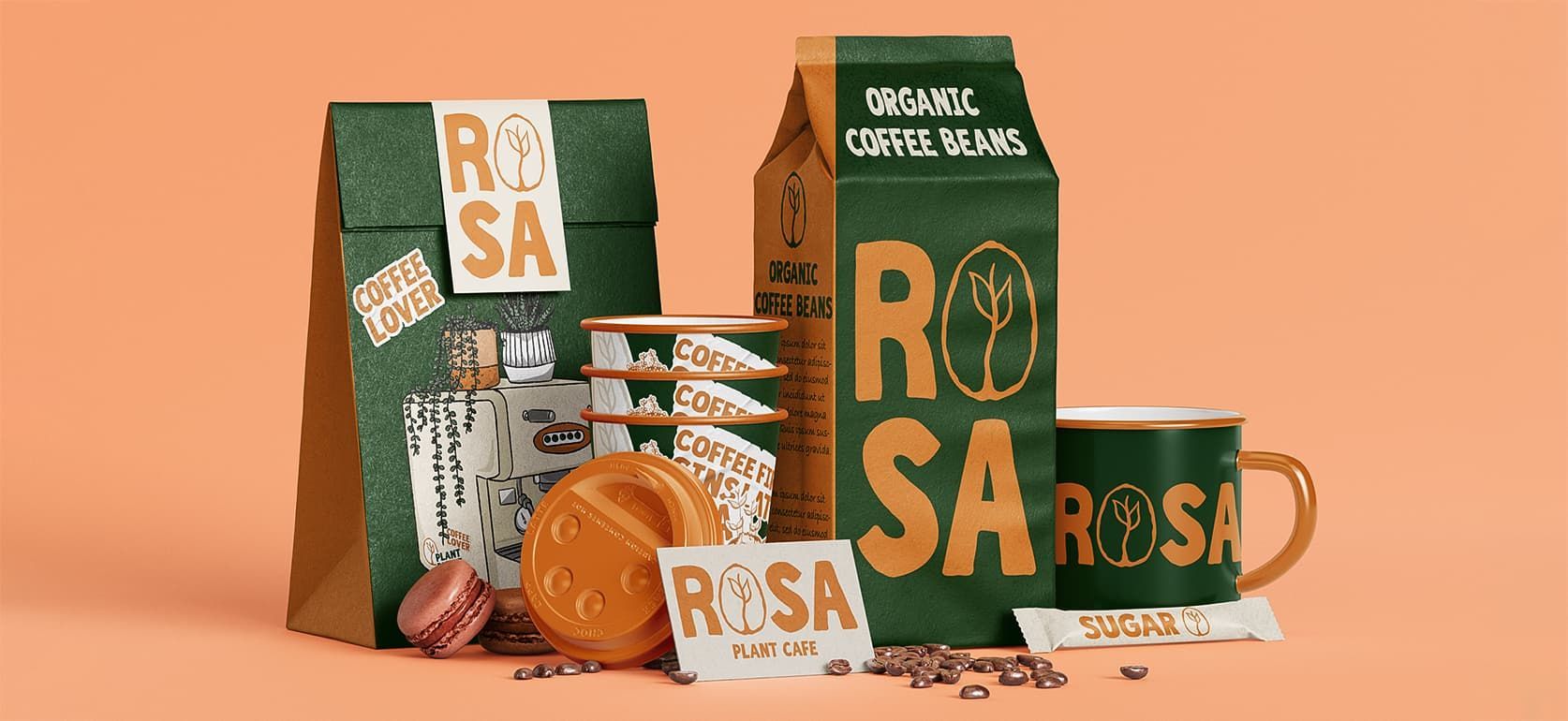 Branded coffee packaging and takeaway cup mockups for ROSA plant café, designed by Disarming Designs