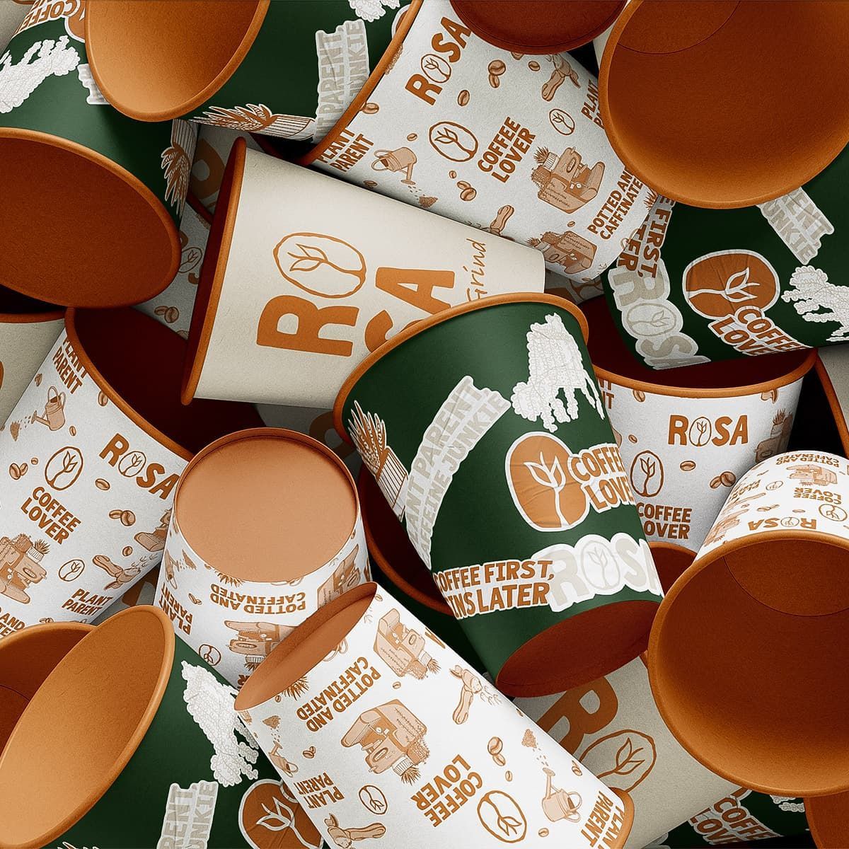 Branded coffee packaging and takeaway cup mockups for ROSA plant café, designed by Disarming Designs.