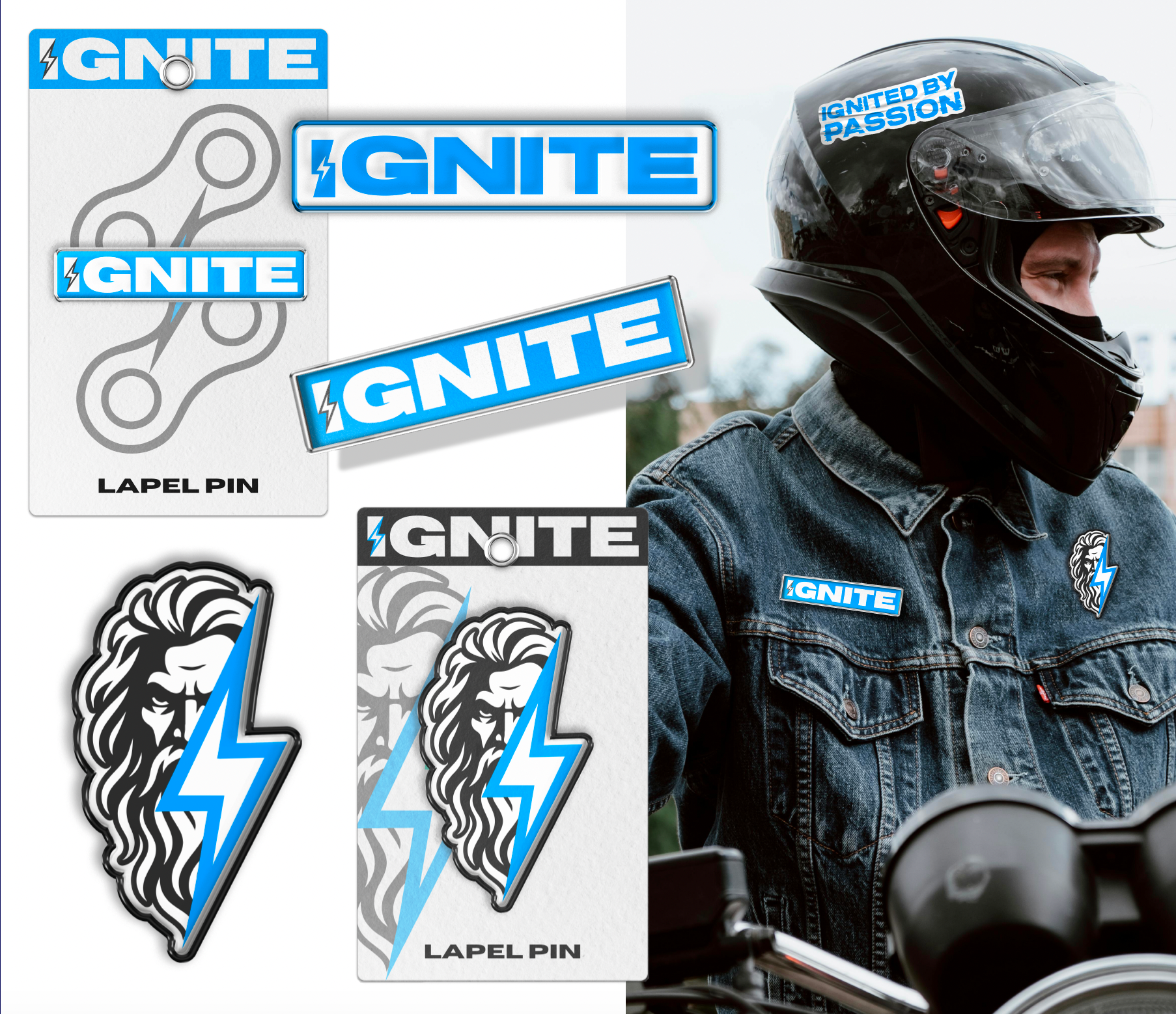 IGNITE Powersports lapel pin merchandise featuring lightning bolt branding