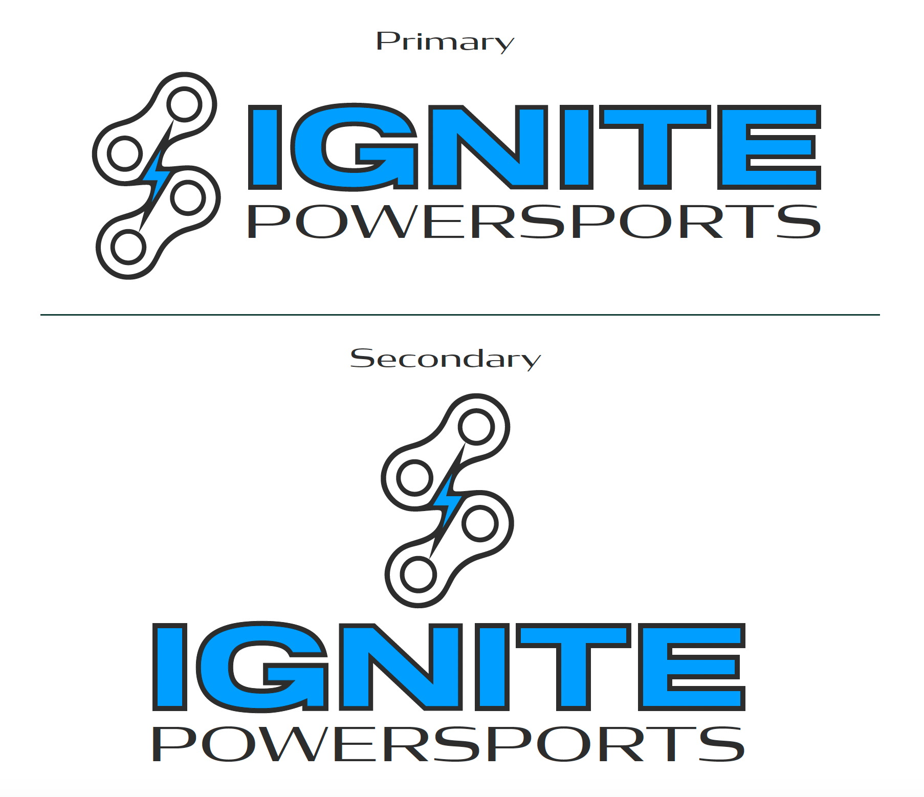 IGNITE Powersports logo system featuring electric blue lightning bolt branding for modern motorcycle and electric vehicle dealership.
