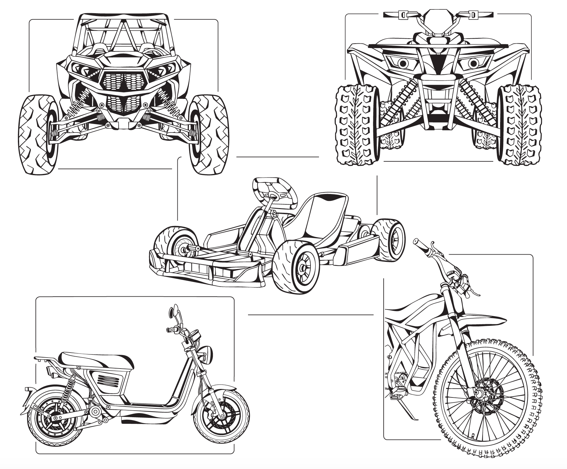 Custom vehicle illustrations for IGNITE Powersports including motorcycles, electric bikes, ATVs and UTVs