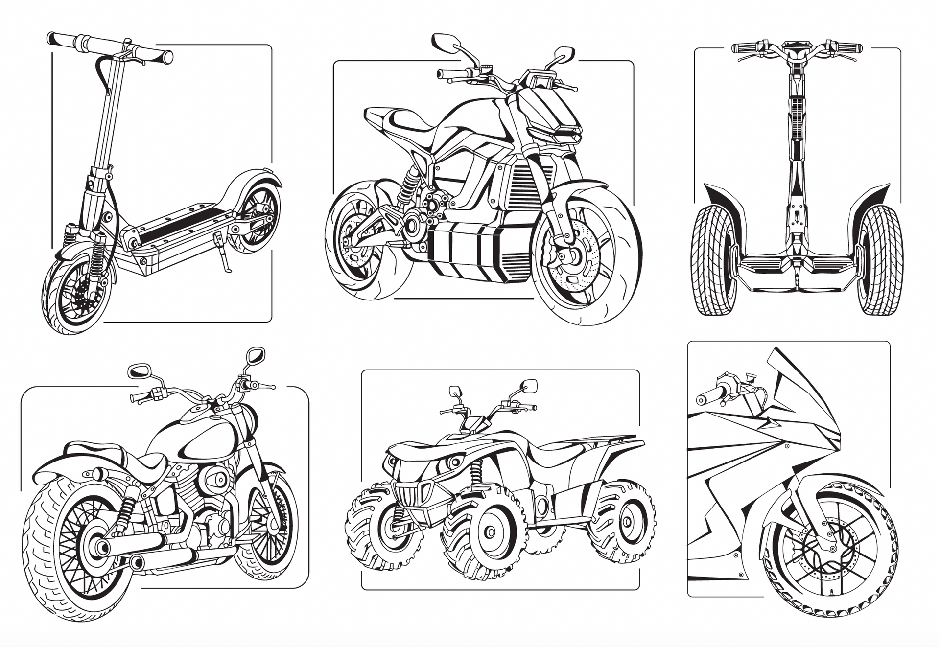 Custom vehicle illustrations for IGNITE Powersports including electric scooter, utv's and electric motorcycles.