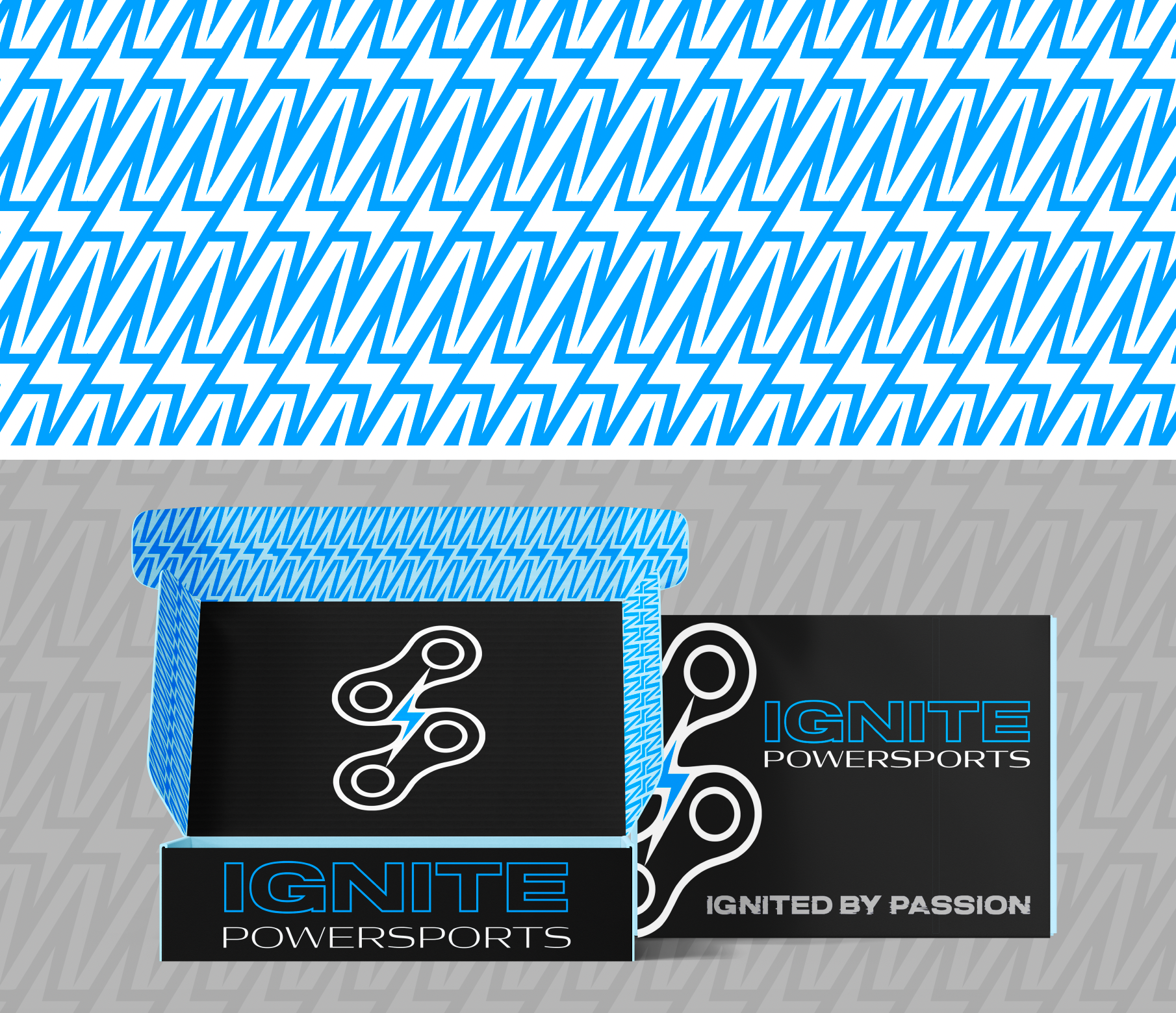 IGNITE Powersports lightning bolt brand pattern for motorcycle and electric vehicle branding shown in use on a packaging box