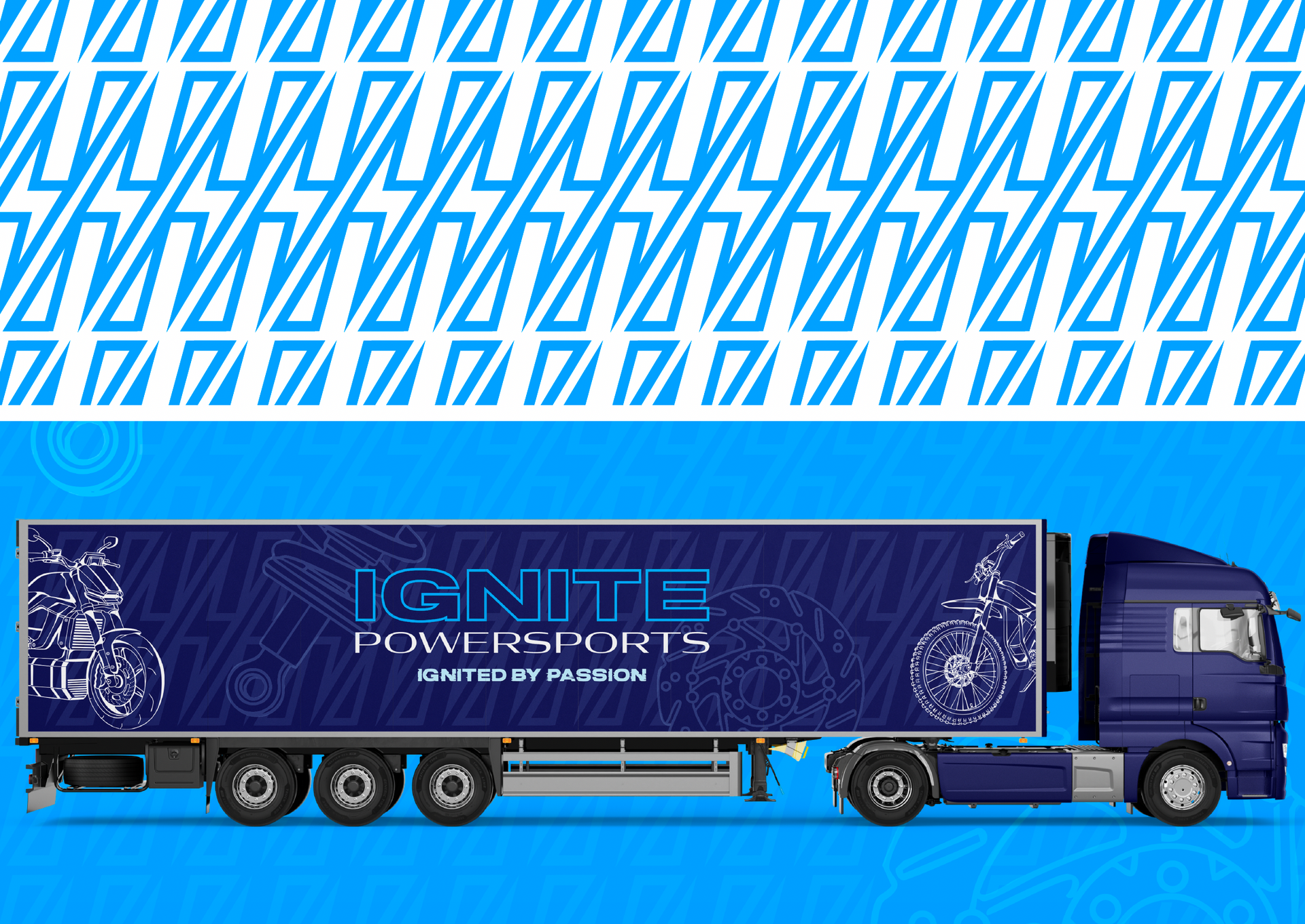 IGNITE Powersports lightning bolt brand pattern for motorcycle and electric vehicle branding shown in use on a truck wrap