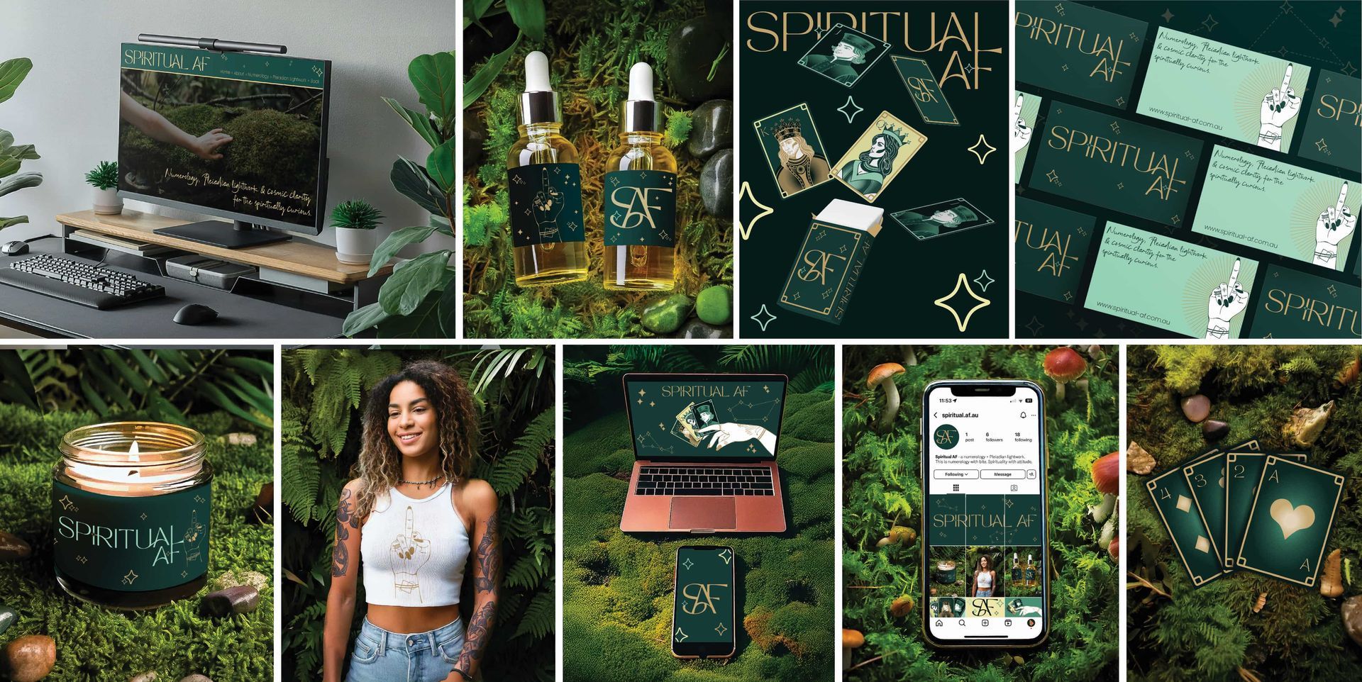 A collage of mockups of Brand Assets for spiritual af, Custom playing cards, social media feed and website mockup.