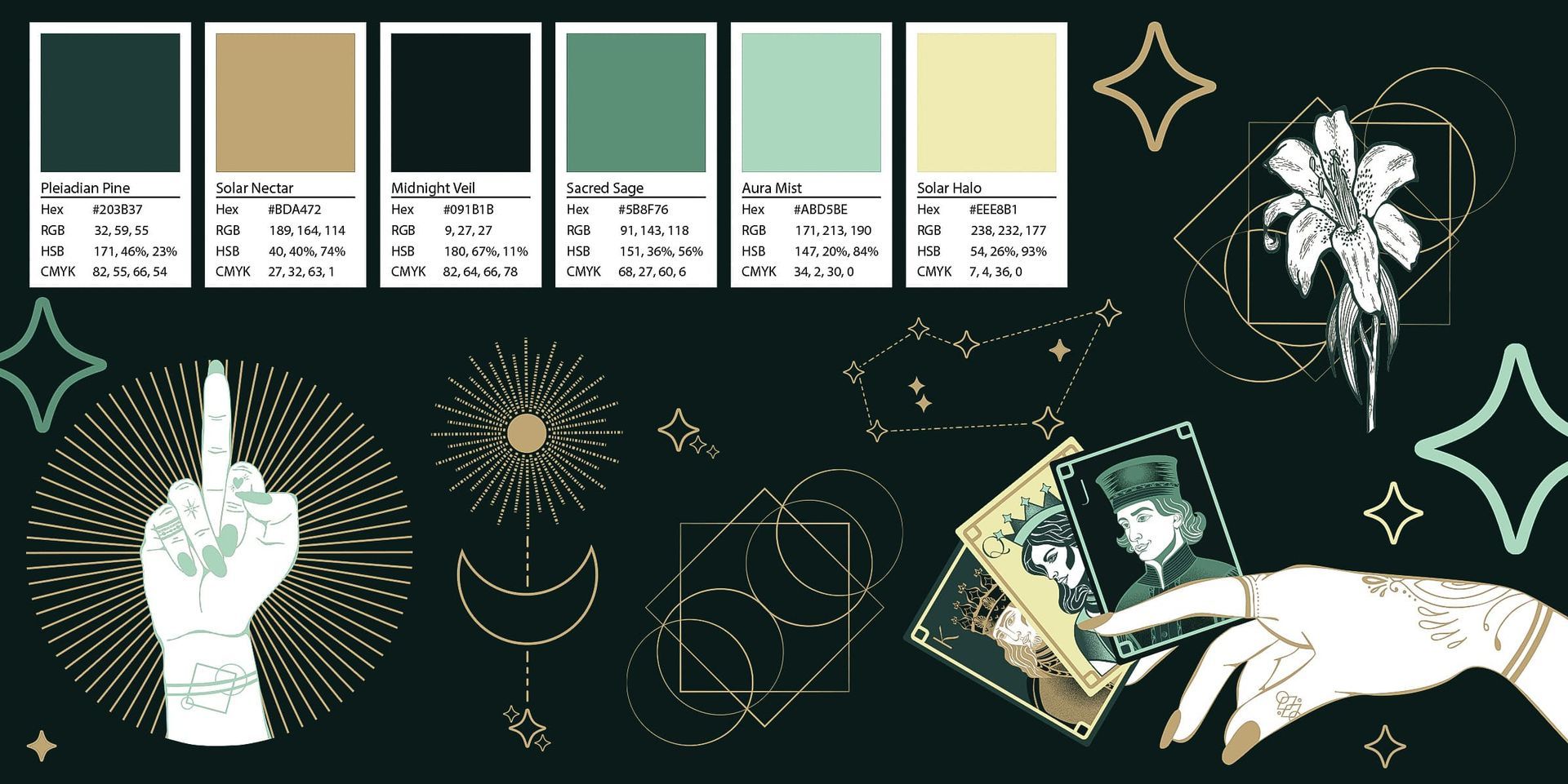 Brand Identity Assets for Spiritual Af - Colour palette, a hand holding cards and celestial stars.