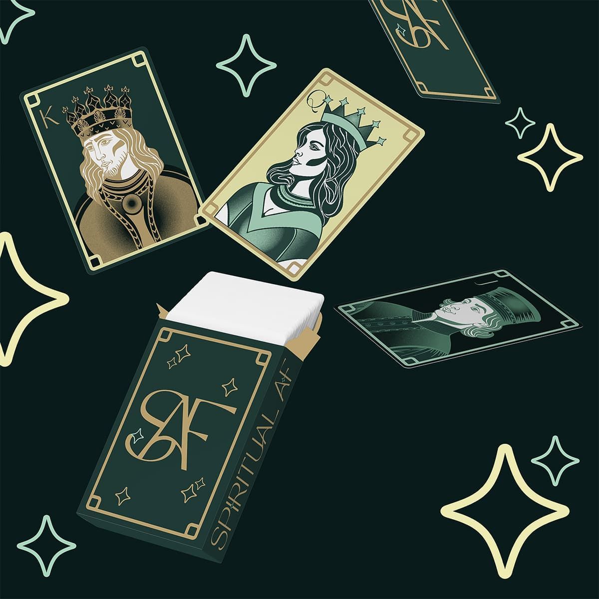 A box of playing cards featuring custom designed illustrations by disarming designs for spiritual AF
