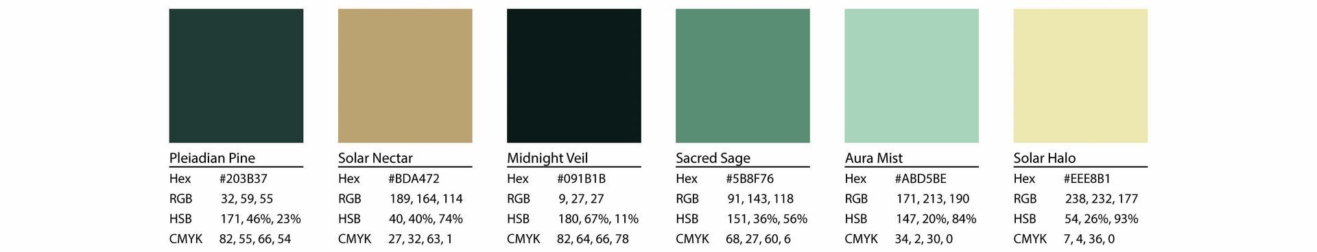 Spiritual AF colour palette with deep greens, soft greens and metallic golds designed by Disarming Designs