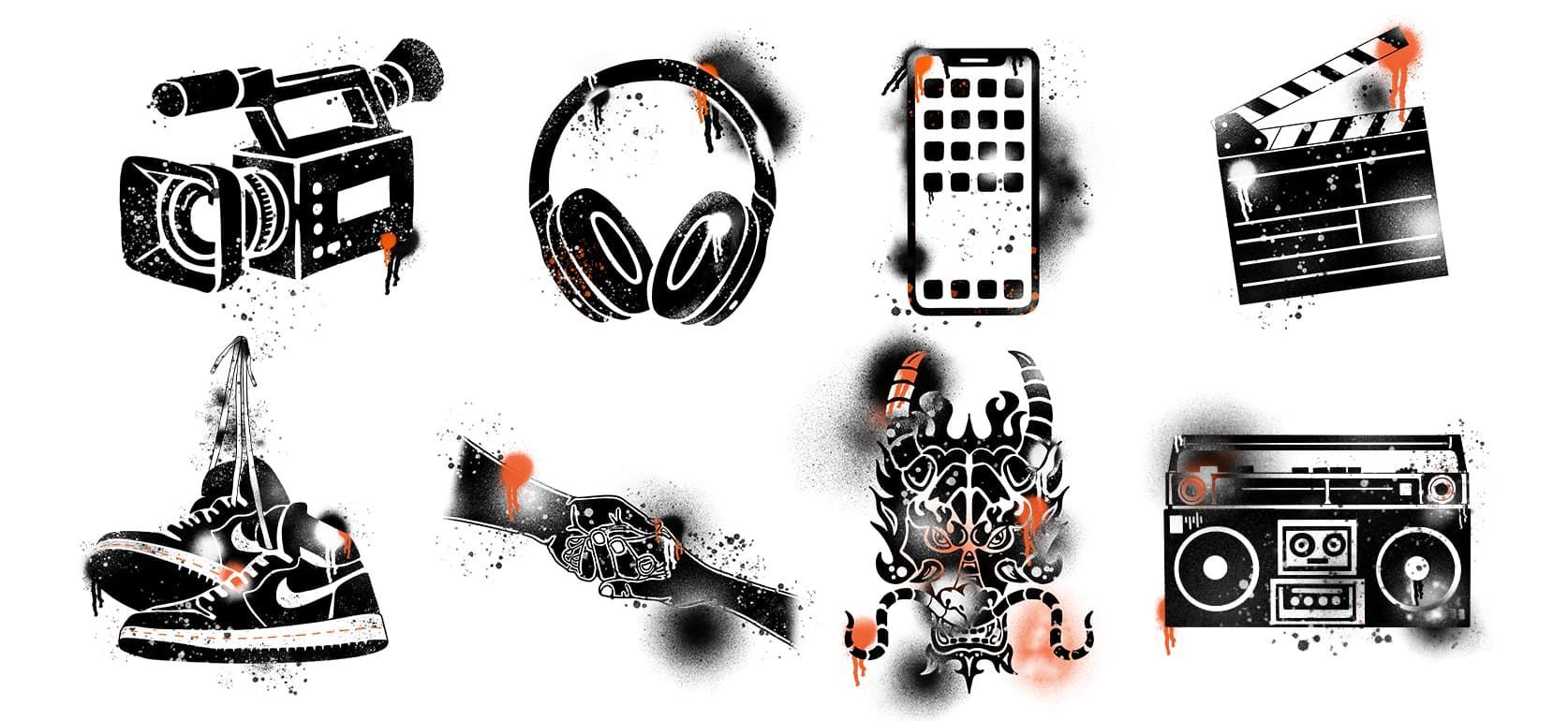 Custom illustrated logo assets for timmy shot me branding.