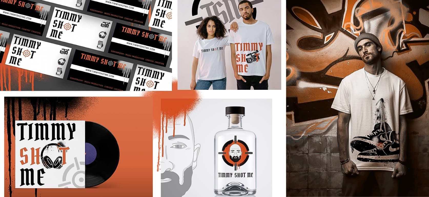 A collage of branded assets for Timmy shot me designed by Disarming Designs