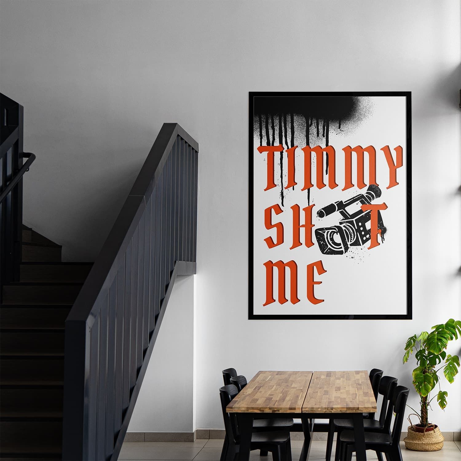 A Timmy Shot Me custom artwork hangs on the walls of a modern house