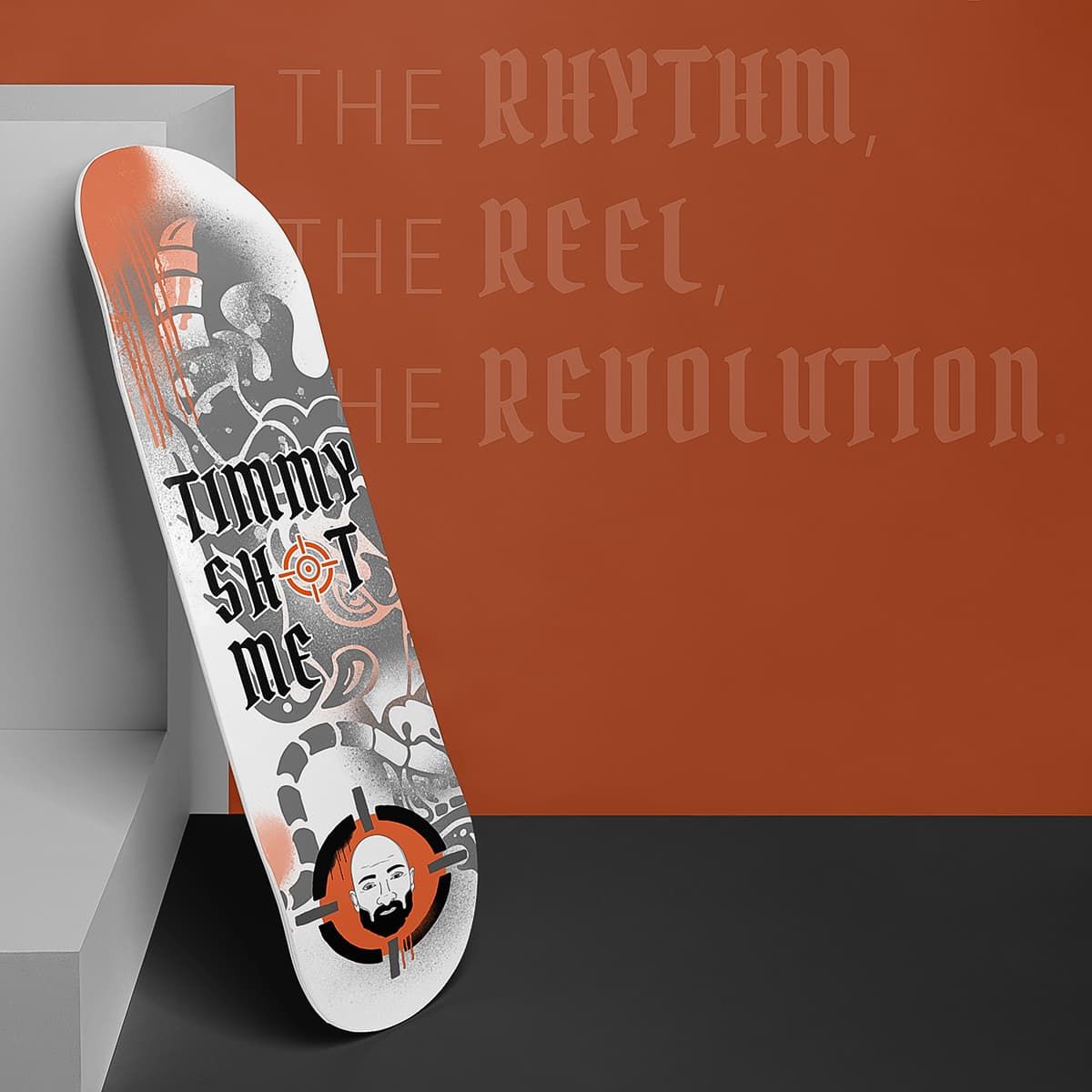 A custom skateboard deck designed by disarming designs with custom illustrations for timmy shot me.