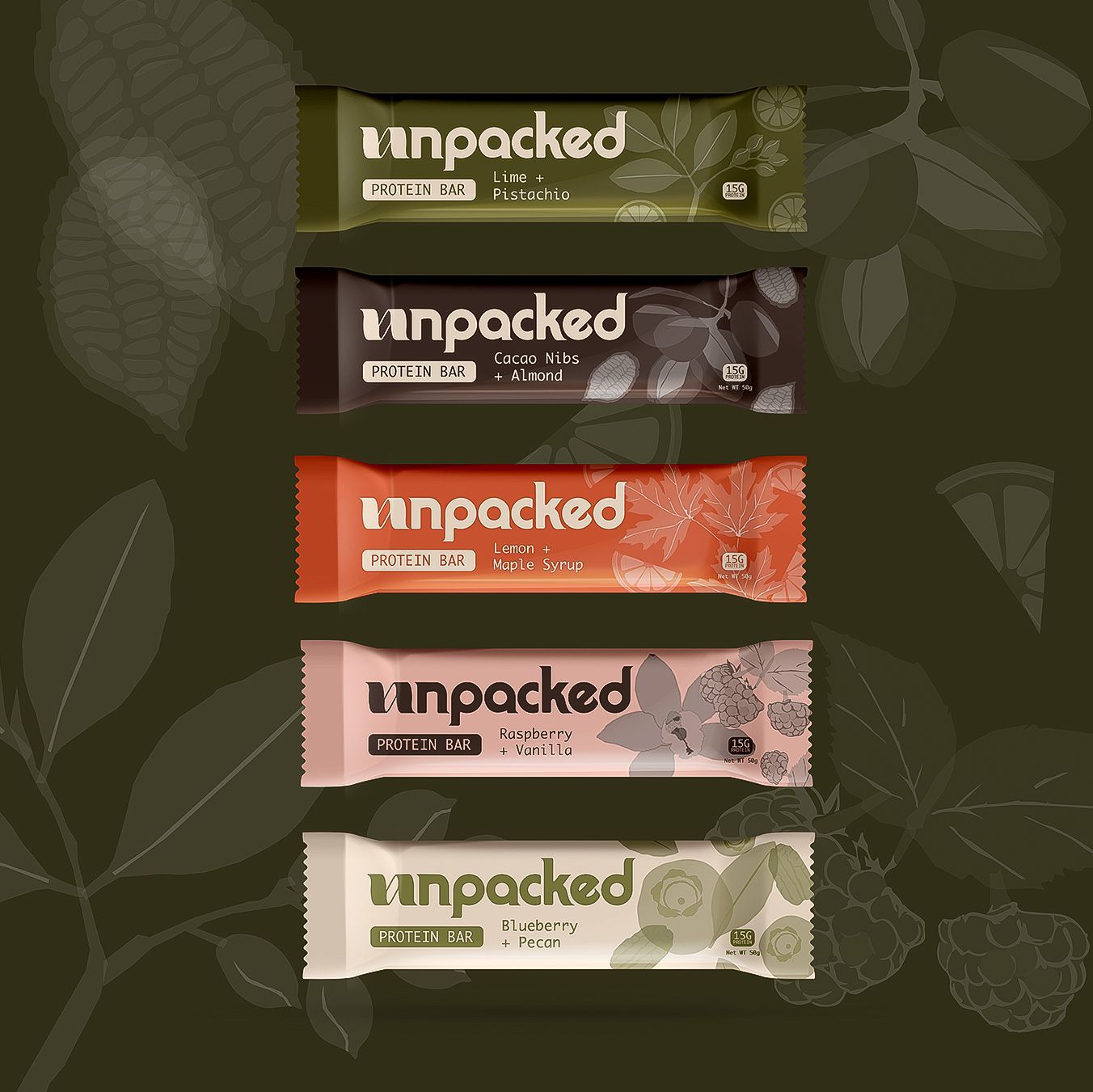 Five flavored Unpacked snack bars stacked vertically against a dark green botanical background.