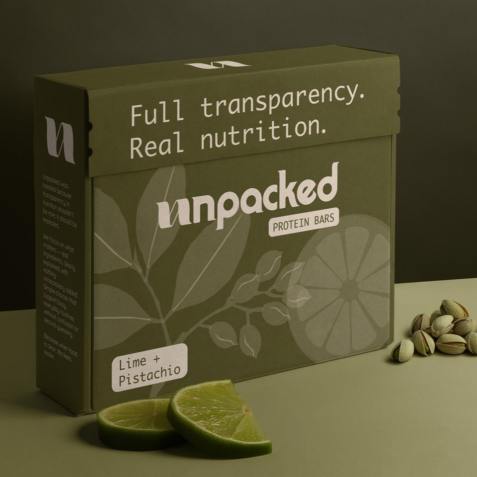 Unpacked protein bar packaging with minimal layout and clear product information design
