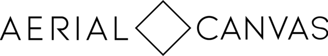 The logo for aerial canvas is black and white with a diamond in the middle.