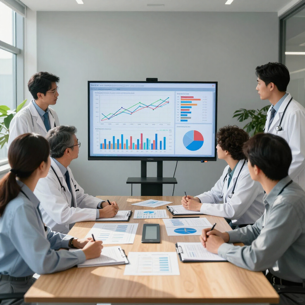 Medical team reviewing charts on a screen in a bright conference room