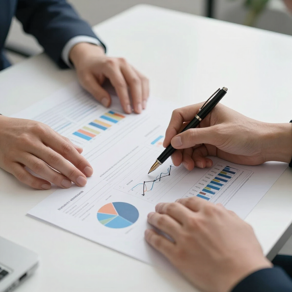 Hands reviewing business charts and graphs on a desk, with pens pointing at reports.