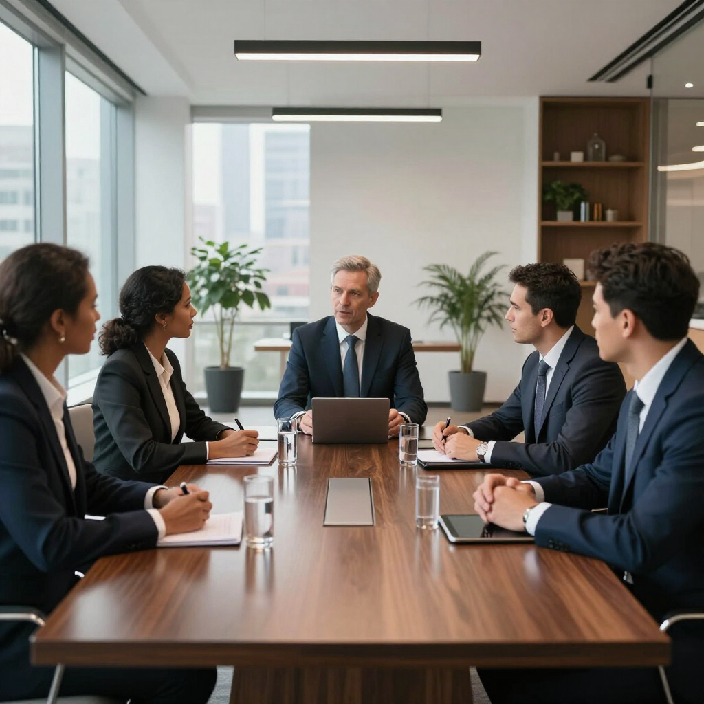 Business meeting in a modern conference room with six people seated around a wooden table.