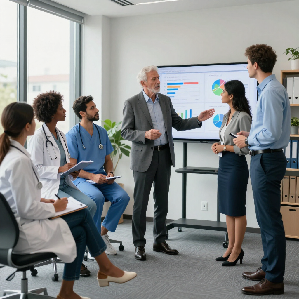 Business team discussing charts during a meeting in a bright conference room