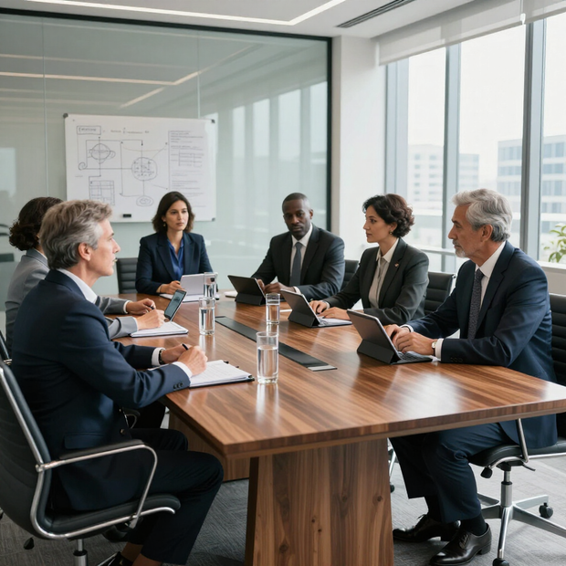 Business meeting in a glass conference room, with six people seated around a wooden table and laptops open.