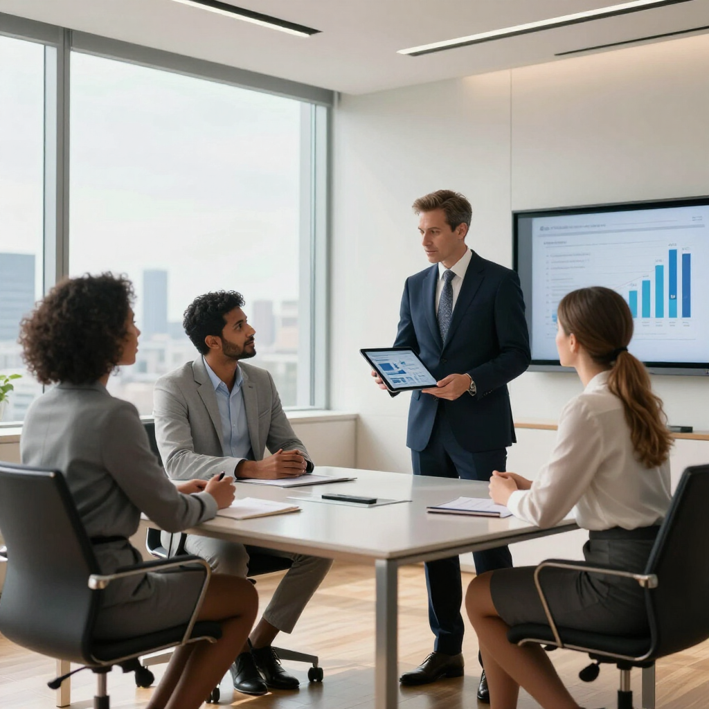 Business meeting in a bright office, with a presenter showing a tablet and chart to three seated colleagues.