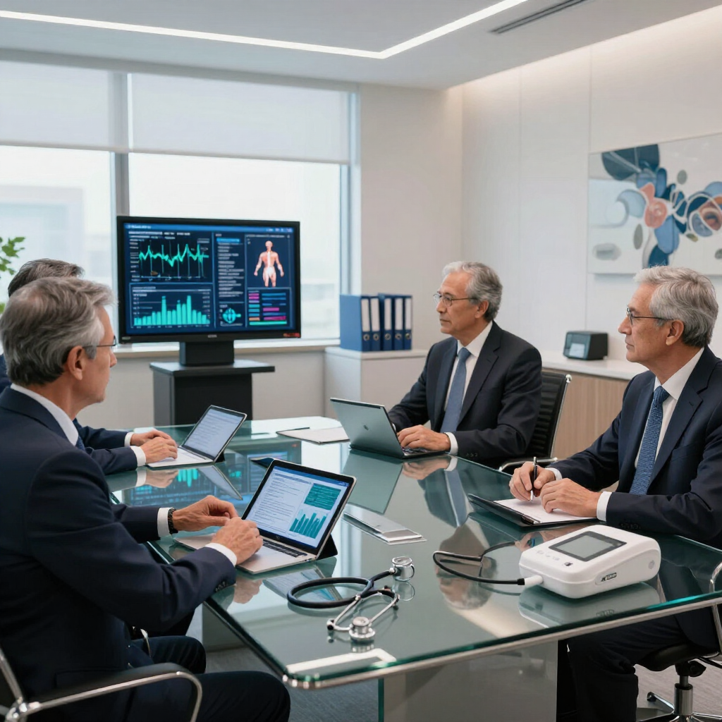 Business meeting in a conference room with four people around a glass table and financial charts on a wall screen