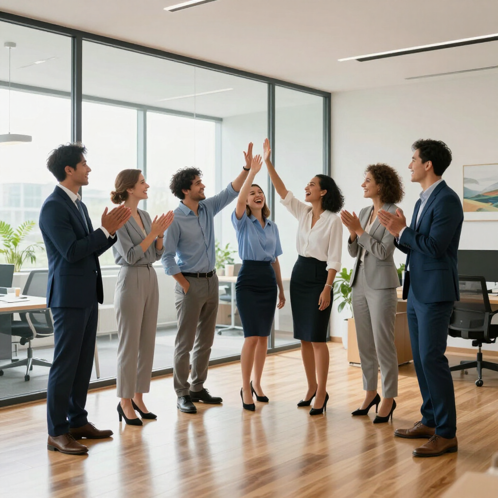 Team of coworkers applauding and high-fiving in a bright modern office conference room
