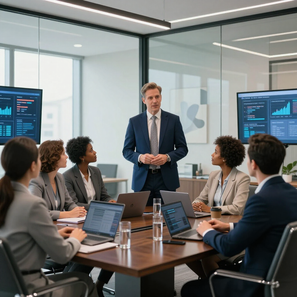 Business meeting in a glass conference room, with a presenter speaking to seated colleagues around a table.