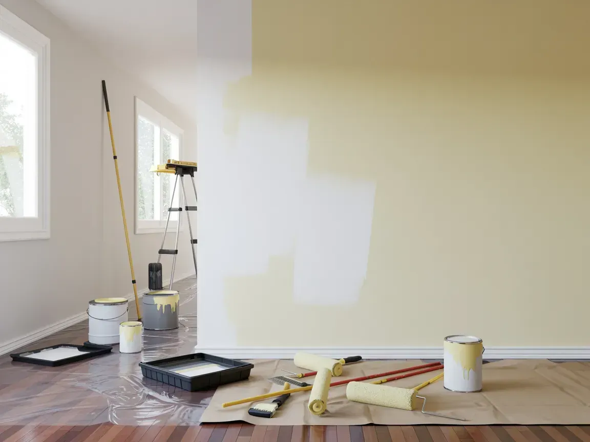 Painting supplies on a floor with a yellow wall being painted white in a room.