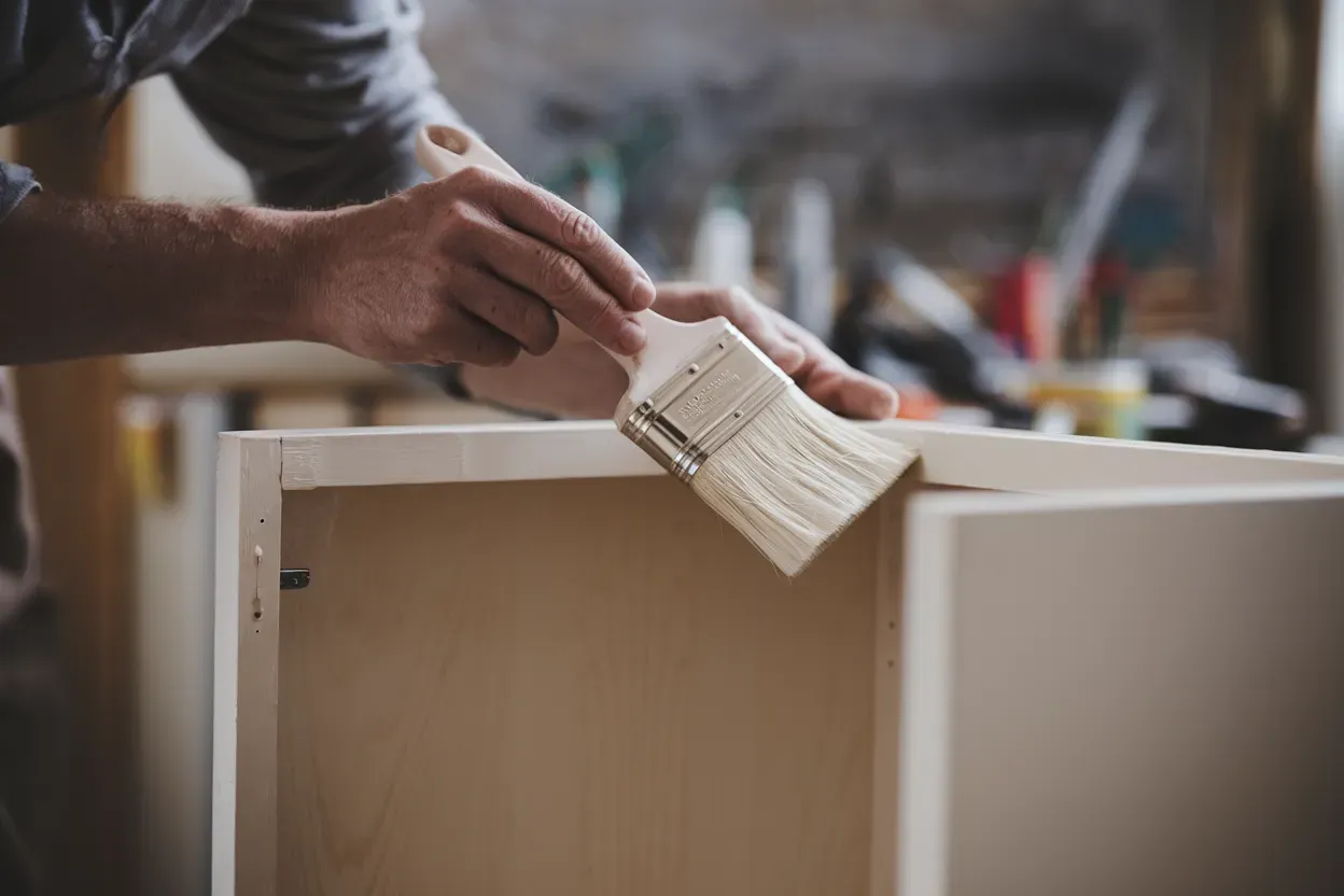 A man is painting a cabinet with a brush.