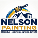 Nelson Painting logo with house, paintbrush, and blue and gold text for residential, commercial, interior, exterior services