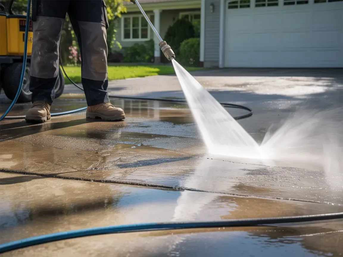 Worker pressure washing a concrete driveway with a hose and spray nozzle