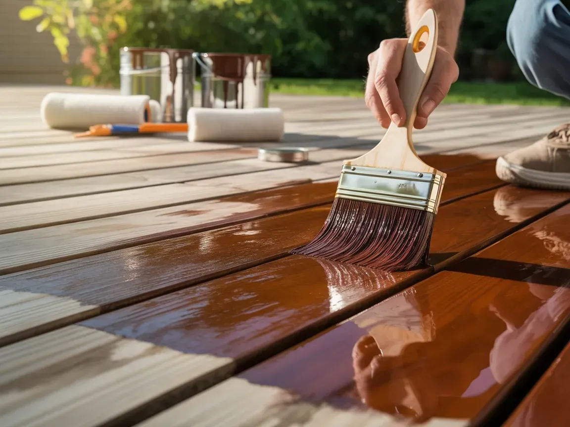 Applying stain to a wooden deck with a paintbrush, close-up of glossy brown planks and tools in the background