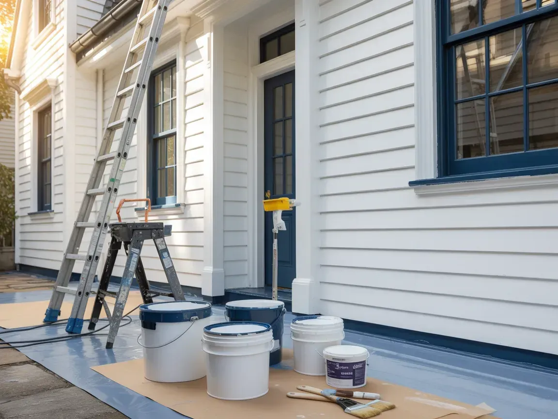 Paint buckets and ladders on a house exterior during painting, with white siding and blue trim.